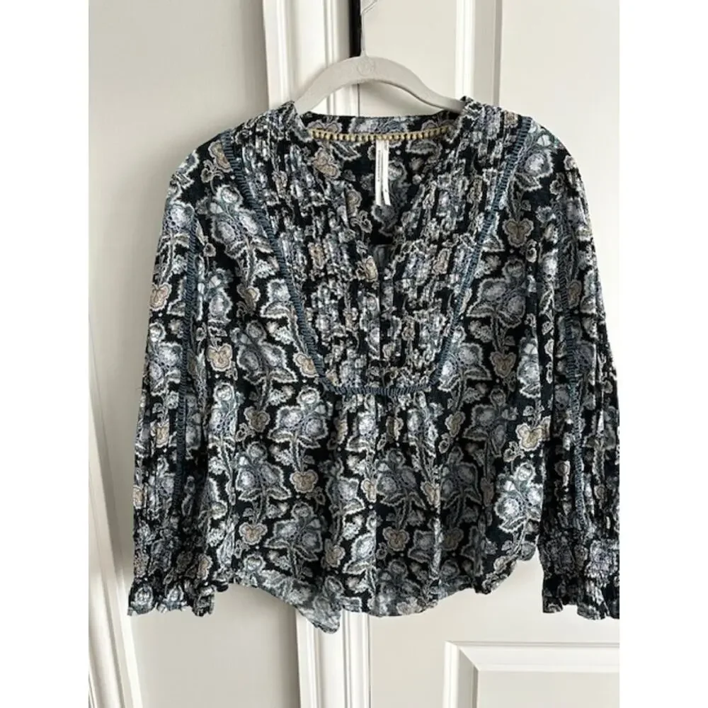 Anthropologie Floral Cotton Peasant Blouse Small Blue/Green - Picture 2 of 9